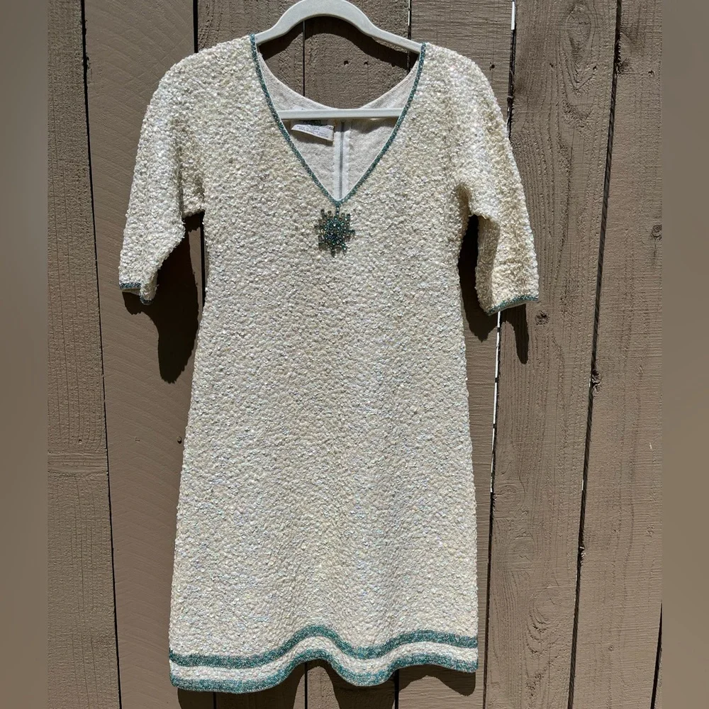 Vintage Gene Shelly’s Boutique White Sequin Blue Bead Rhinestone Mini Dress - Picture 9 of 15